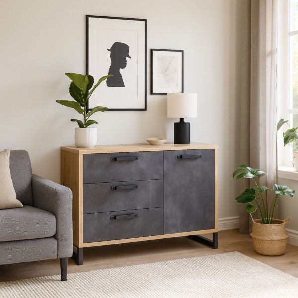 Vista ambientata Mobile contenitore in legno colore "Cemento/Rovere Invecchiato" con 3 cassetti e 1 anta modello Sylva Totò Piccinni