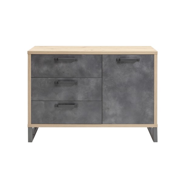 Vista frontale Mobile contenitore in legno colore "Cemento/Rovere Invecchiato" con 3 cassetti e 1 anta modello Sylva Totò Piccinni