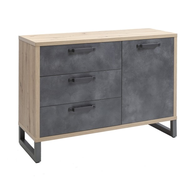 Vista diagonale Mobile contenitore in legno colore "Cemento/Rovere Invecchiato" con 3 cassetti e 1 anta modello Sylva Totò Piccinni