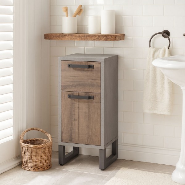 Vista ambientata Colonna Bagno 1 Anta e 1 Cassetto colore "Rovere Invhecchiato/Grigio" modello Sylva Totò Piccinni
