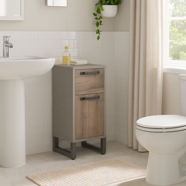 Vista ambientata Colonna Bagno 1 Anta e 1 Cassetto colore "Rovere Invhecchiato/Grigio" modello Sylva Totò Piccinni