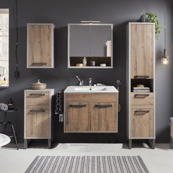 Vista ambientata Colonna Bagno 1 Anta e 1 Cassetto colore "Rovere Invhecchiato/Grigio" modello Sylva Totò Piccinni