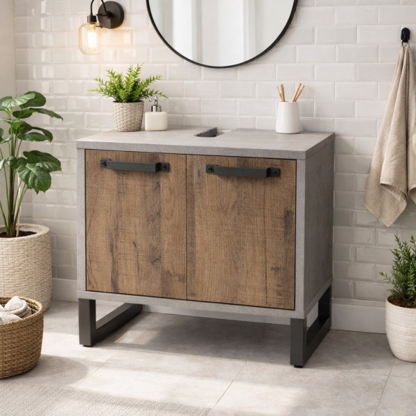 Vista ambientata Base lavabo in legno con 2 ante colore "rovere invecchiato/grigio" modello Sylva Totò Piccinni