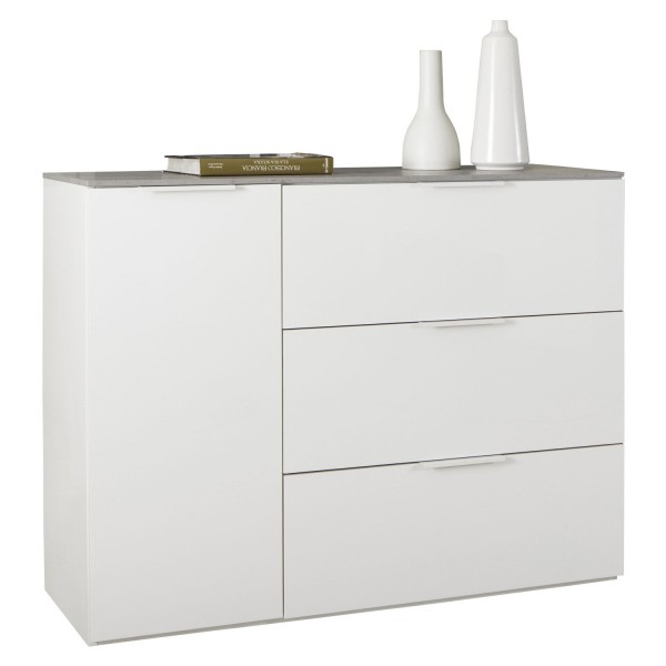 Vista diagonale Mobile contenitore moderno in legno colore "Cemento/Bianco Laccato" con 3 cassetti e 1 anta modello Zenit Totò Piccinni