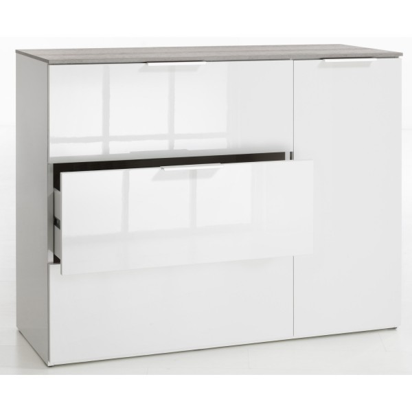Vista diagonale con cassetto aperto Mobile contenitore in legno colore "Cemento/Bianco Laccato" con 3 cassetti e 1 anta modello Zenit Totò Piccinni