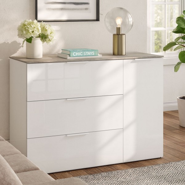 Vista ambientata Mobile contenitore moderno in legno colore "Cemento/Bianco Laccato" con 3 cassetti e 1 anta modello Zenit Totò Piccinni