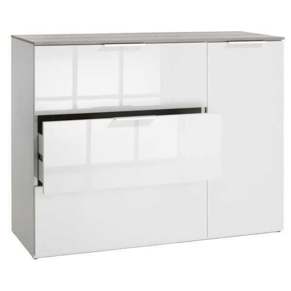 Vista diagonale Mobile contenitore moderno in legno colore "Cemento/Bianco Laccato" con 3 cassetti e 1 anta modello Zenit Totò Piccinni