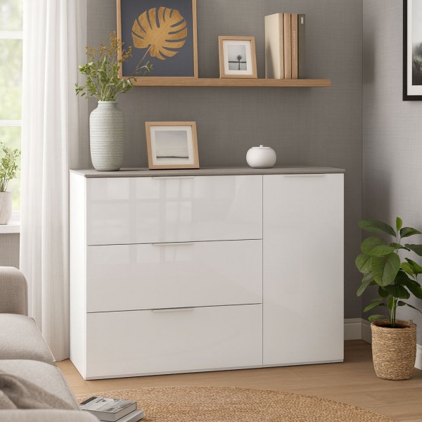 Vista ambientata Mobile contenitore moderno in legno colore "Cemento/Bianco Laccato" con 3 cassetti e 1 anta modello Zenit Totò Piccinni