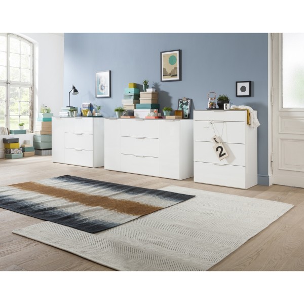 Vista ambientata Mobile multiuso in legno colore "Cemento/Bianco Laccato" con 3 cassetti e 1 anta modello Zenit Totò Piccinni