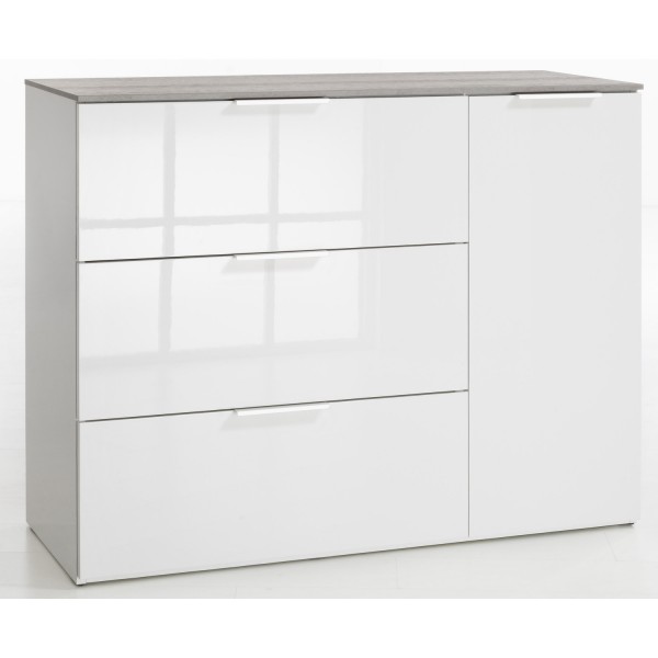 Vista diagonale Mobile contenitore in legno colore "Cemento/Bianco Laccato" con 3 cassetti e 1 anta modello Zenit Totò Piccinni