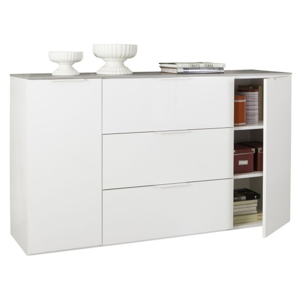 Vista diagonale con anta aperta Mobile contenitore in legno colore "Cemento/Bianco Laccato" con 3 cassetti e 2 ante modello Zenit Totò Piccinni