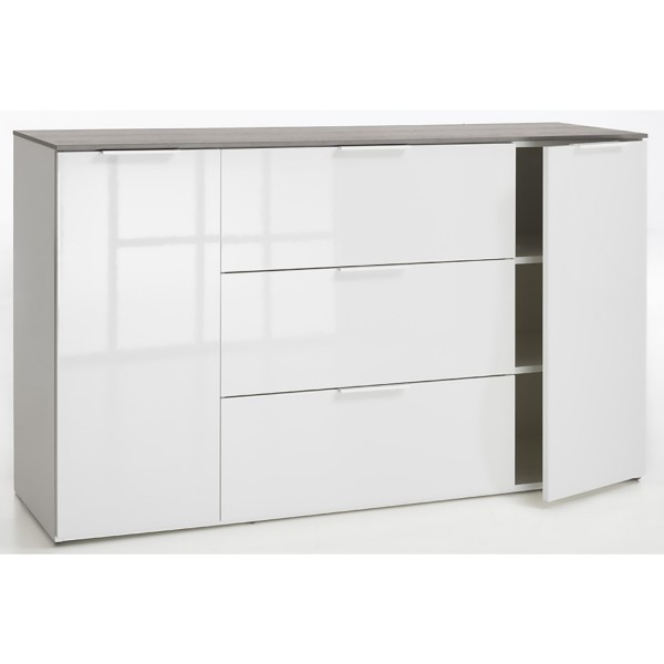 Vista diagonale con anta aperta Mobile contenitore moderno in legno colore "Cemento/Bianco Laccato" con 3 cassetti e 2 ante modello Zenit Totò Piccinni
