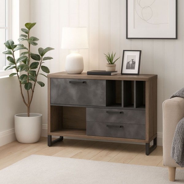 Vista ambientata Mobile contenitore moderna in legno colore "Rovere Invecchiato/Cemento" modello Sylva Totò Piccinni