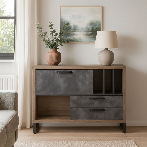 Vista ambientata Mobile contenitore moderna in legno colore "Rovere Invecchiato/Cemento" modello Sylva Totò Piccinni