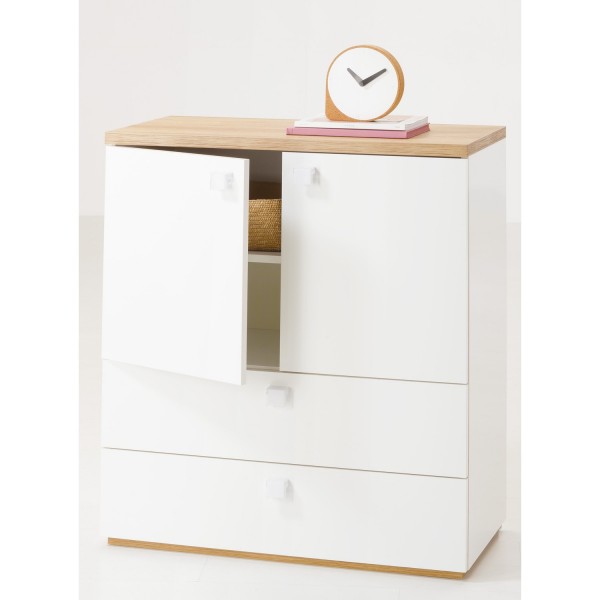 Mobile contenitore in legno colore "Rovere Miele/Bianco Laccato" 2 ante e 2 cassetti modello Orbita Totò Piccinni 