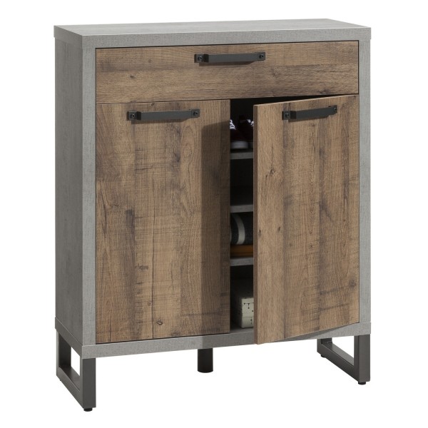Vista diagonale con anta aperta Mobile multiuso in legno colore "Cemento/Rovere Invecchiato" con 1 cassetto e 2 ante modello Sylva Totò Piccinni