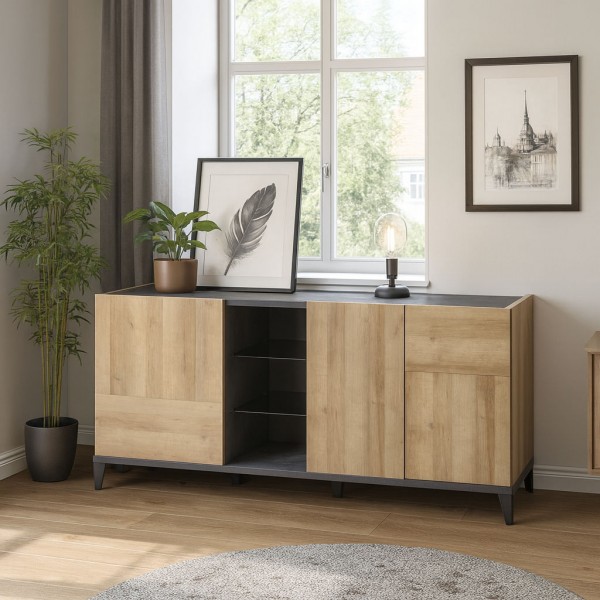 Vista ambientata Mobile contenitore moderno in legno colore "Rovere/Grigio Antracite" 3 ante e 1 vano modello Nova Totò Piccinni