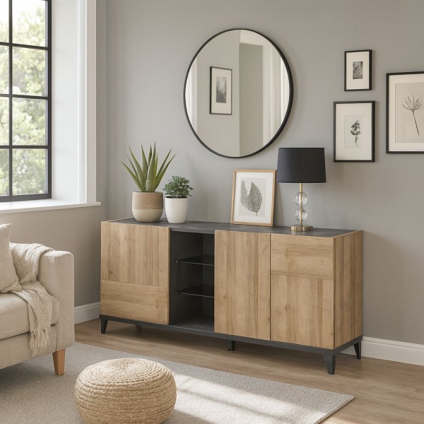 Vista ambientata Mobile contenitore moderno in legno colore "Rovere/Grigio Antracite" 3 ante e 1 vano modello Nova Totò Piccinni