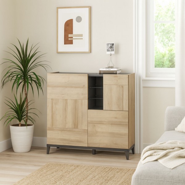 Vista ambientata Mobile contenitore moderno in legno "Rovere/Grigio Antracite" 3 ante e 2 ripiani modello Nova Totò Piccinni