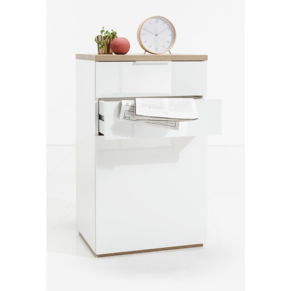 Vista diagonale Settimino  in legno colore "Bianco/Rovere Riviera" con 2 cassetti e 1 anta modello Orbis Totò Piccinni