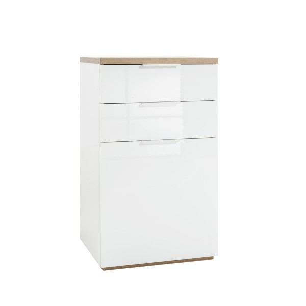 Comò in legno colore "Bianco/Rovere Riviera" con 2 cassetti e 1 anta modello Orbis Totò Piccinni