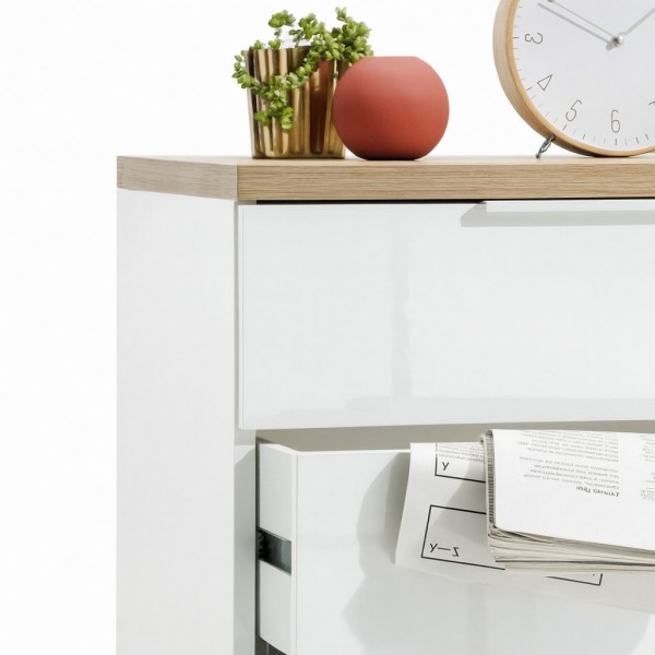 Dettaglio Comò in legno colore "Bianco/Rovere Riviera" con 2 cassetti e 1 anta modello Orbis Totò Piccinni