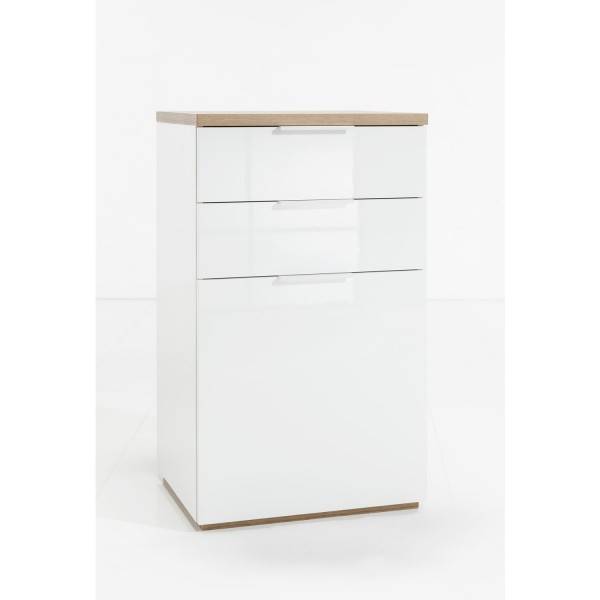 Vista diagonale Comò in legno colore "Bianco/Rovere Riviera" con 2 cassetti e 1 anta modello Orbis Totò Piccinni