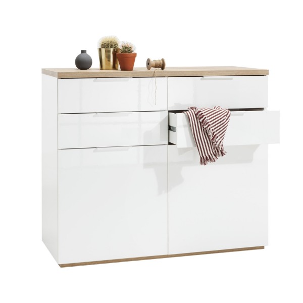 Mobile contenitore in legno colore "Bianco Laccato/Rovere Riviera" con 4 cassetti e 2 ante modello Orbis Totò Piccinni