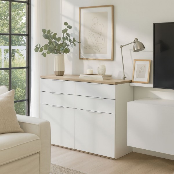 Vista ambientata Mobile contenitore in legno colore "Bianco Laccato/Rovere Riviera" con 4 cassetti e 2 ante modello Orbis Totò Piccinni