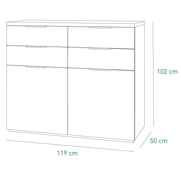 Specifica dimensioni Mobile contenitore  in legno colore "Bianco Laccato/Rovere Riviera" con 4 cassetti e 2 ante modello Orbis Totò Piccinni