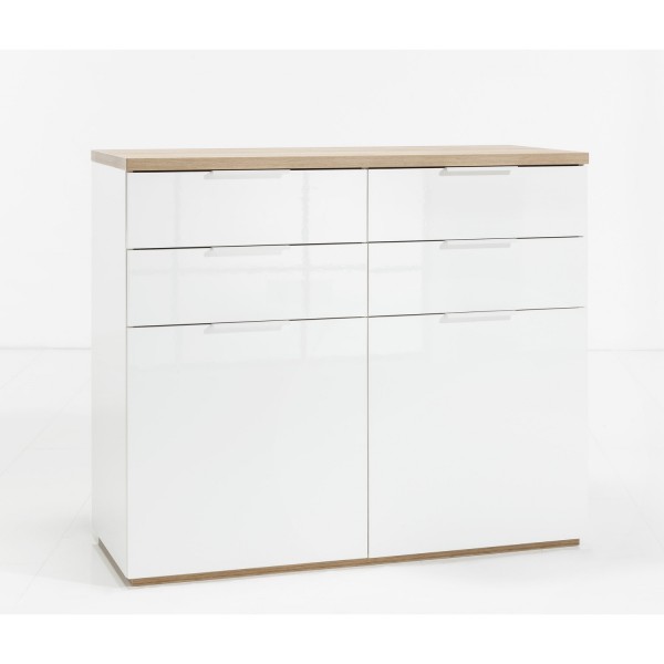 Vista diagonale Mobile contenitore in legno colore "Bianco Laccato/Rovere Riviera" con 4 cassetti e 2 ante modello Orbis Totò Piccinni