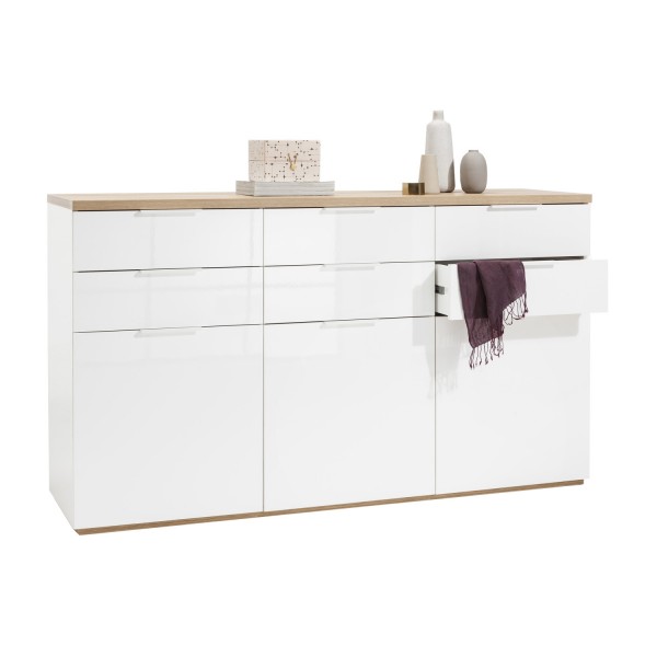 Mobile contenitore in legno colore "Bianco Laccato/Rovere Miele" con 6 cassetti e 3 ante modello Orbis Totò Piccinni