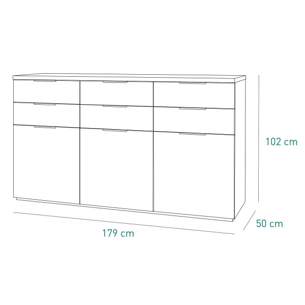 Specifica dimensioni Mobile contenitore design  in legno colore "Bianco Laccato/Rovere Miele" con 6 cassetti e 3 ante modello Orbis Totò Piccinni