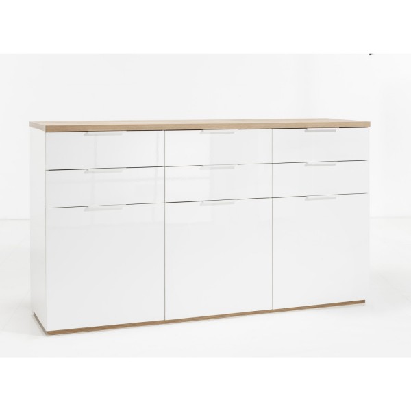 Vista diagonale Mobile contenitore in legno colore "Bianco Laccato/Rovere Miele" con 6 cassetti e 3 ante modello Orbis Totò Piccinni