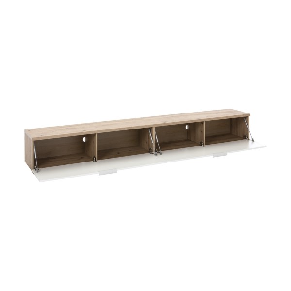 Vista diagonale Mobile per tv  in legno colore "Bianco Laccato/Rovere Miele" con 2 ribalte modello Orbis Totò Piccinni