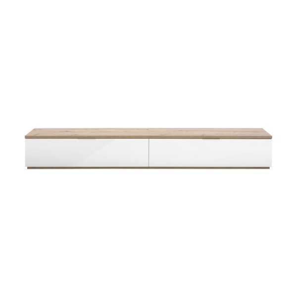 Vista frontale Mobile tv  in legno colore "Bianco Laccato/Rovere Miele" con 2 ribalte modello Orbis Totò Piccinni