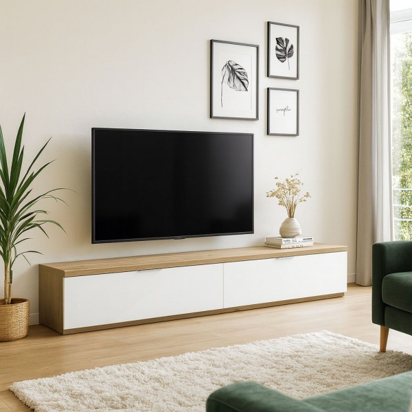 Vista ambientata Mobile porta tv design in legno colore "Bianco Laccato/Rovere Miele" con 2 ribalte modello Orbis Totò Piccinni
