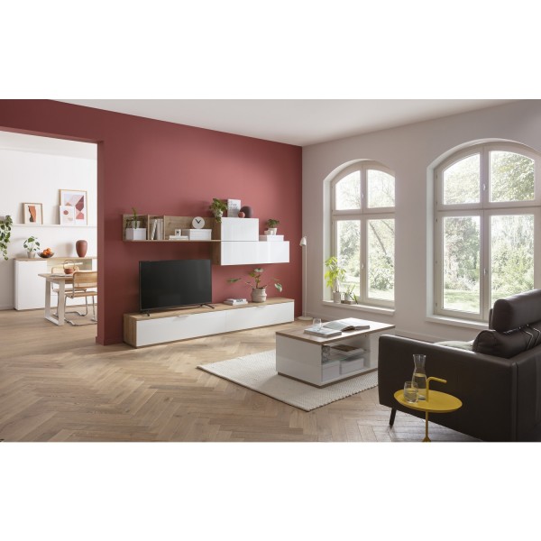 Vista ambientata Mobile porta tv  in legno colore "Bianco Laccato/Rovere Miele" con 2 ribalte modello Orbis Totò Piccinni