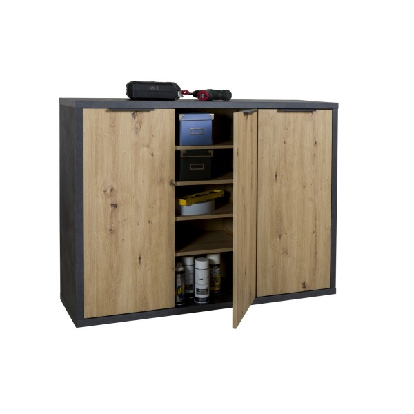Vista diagonale Mobile salvaspazio in legno colore "Grigio Cemento/Rovere Miele" 2 ante e 1 cassetto modello Dubai Totò Piccinni