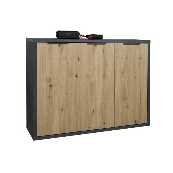 Vista diagonale Mobile multiuso in legno colore "Grigio Cemento/Rovere Miele" 2 ante e 1 cassetto modello Dubai Totò Piccinni