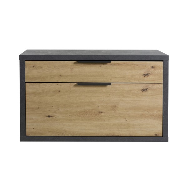 Vista frontale Panca moderna in legno colore Grigio Cemento/Rovere Miele 1 ribalta e 1 cassetto modello Dubai Totò Piccinni