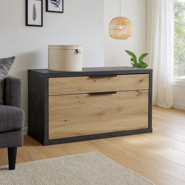 Vista ambientata Mobile panca in legno colore Grigio Cemento/Rovere Miele 1 ribalta e 1 cassetto modello Dubai Totò Piccinni