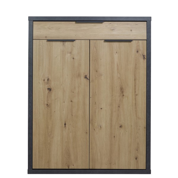 Vista frontale Mobile contenitore in legno colore "Grigio Cemento/Rovere Miele" con 2 ante e 1 cassetto modello Dubai Totò Piccinni