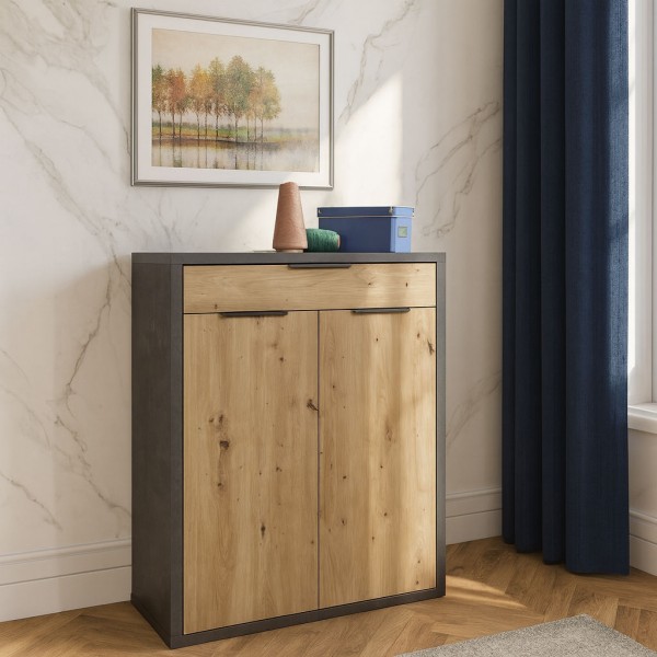 Vista ambientata Mobile contenitore in legno colore "Grigio Cemento/Rovere Miele" con 2 ante e 1 cassetto modello Dubai Totò Piccinni