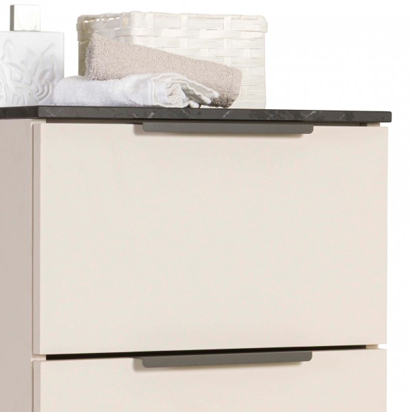 Dettaglio parte superiore Colonna Bagno in legno colore Cashmere/Effetti Marmo Nero con 1 ante e 1 cassetto modello Armonia Totò Piccinni