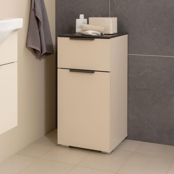 Vista ambientata Colonna Bagno in legno colore Cashmere/Effetti Marmo Nero con 1 ante e 1 cassetto modello Armonia Totò Piccinni
