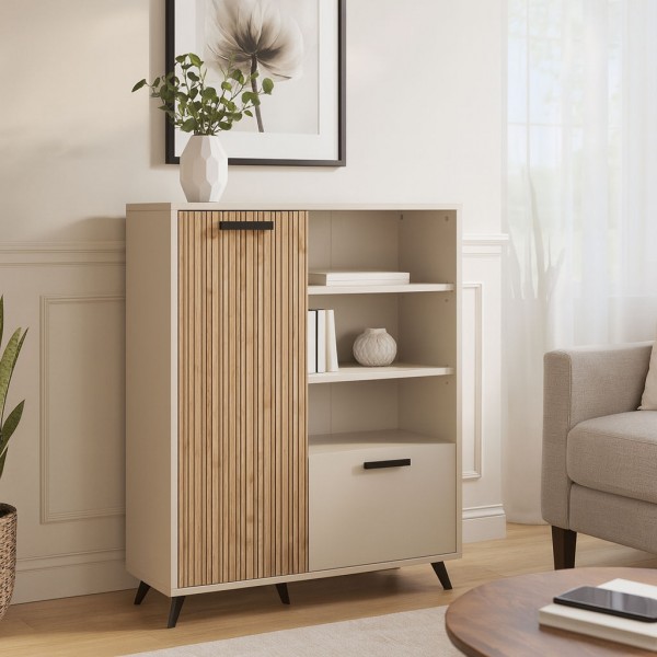 Vista ambientata Libreria in legno colore "Cannettato/Cashmere" con 2 ante e 3 vani modello Zefiro Totò Piccinni