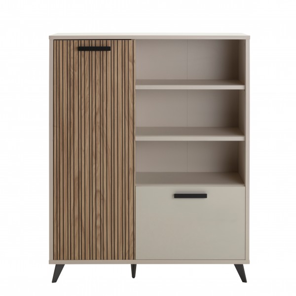 Vista frontale Libreria moderna in legno colore "Cannettato/Cashmere" con 2 ante e 3 vani modello Zefiro Totò Piccinni