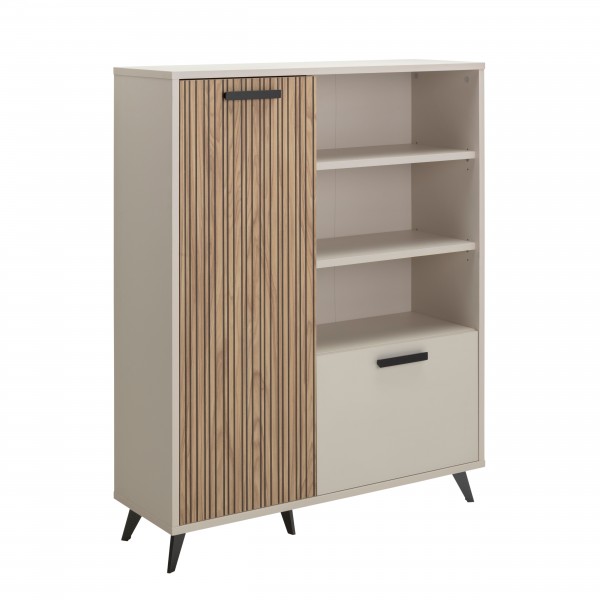 Vista diagonale Libreria in legno colore "Cannettato/Cashmere" con 2 ante e 3 vani modello Zefiro Totò Piccinni