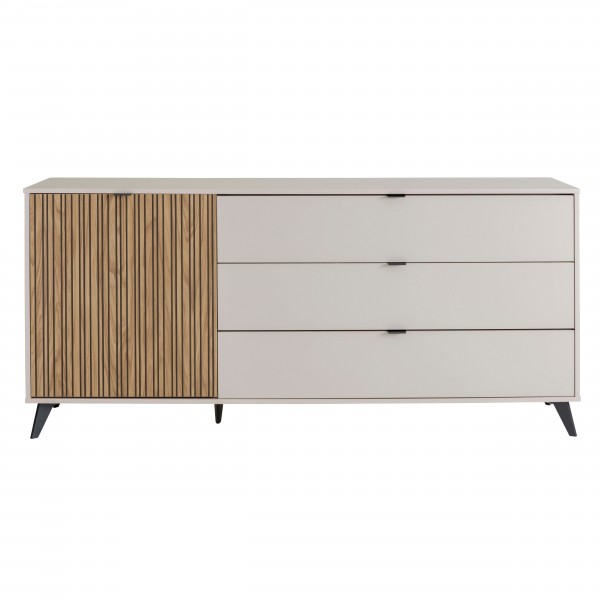 Vista frontale Madia Cashmere/Rovere Cannettato 1 anta 3 cassetti modello Mandala Totò Piccinni